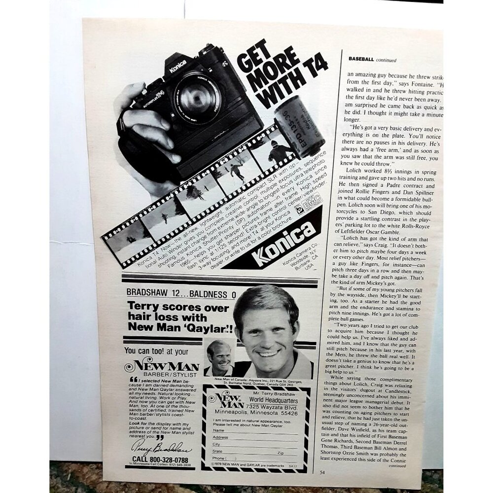 1978 Konica Camera and Terry Bradshaw New Man Hair Original print ad